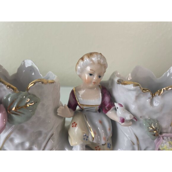 Vintage Bond Ware Double Planter, Lady Holding Bird, Ceramic, Home Decor - Picture 4 of 12